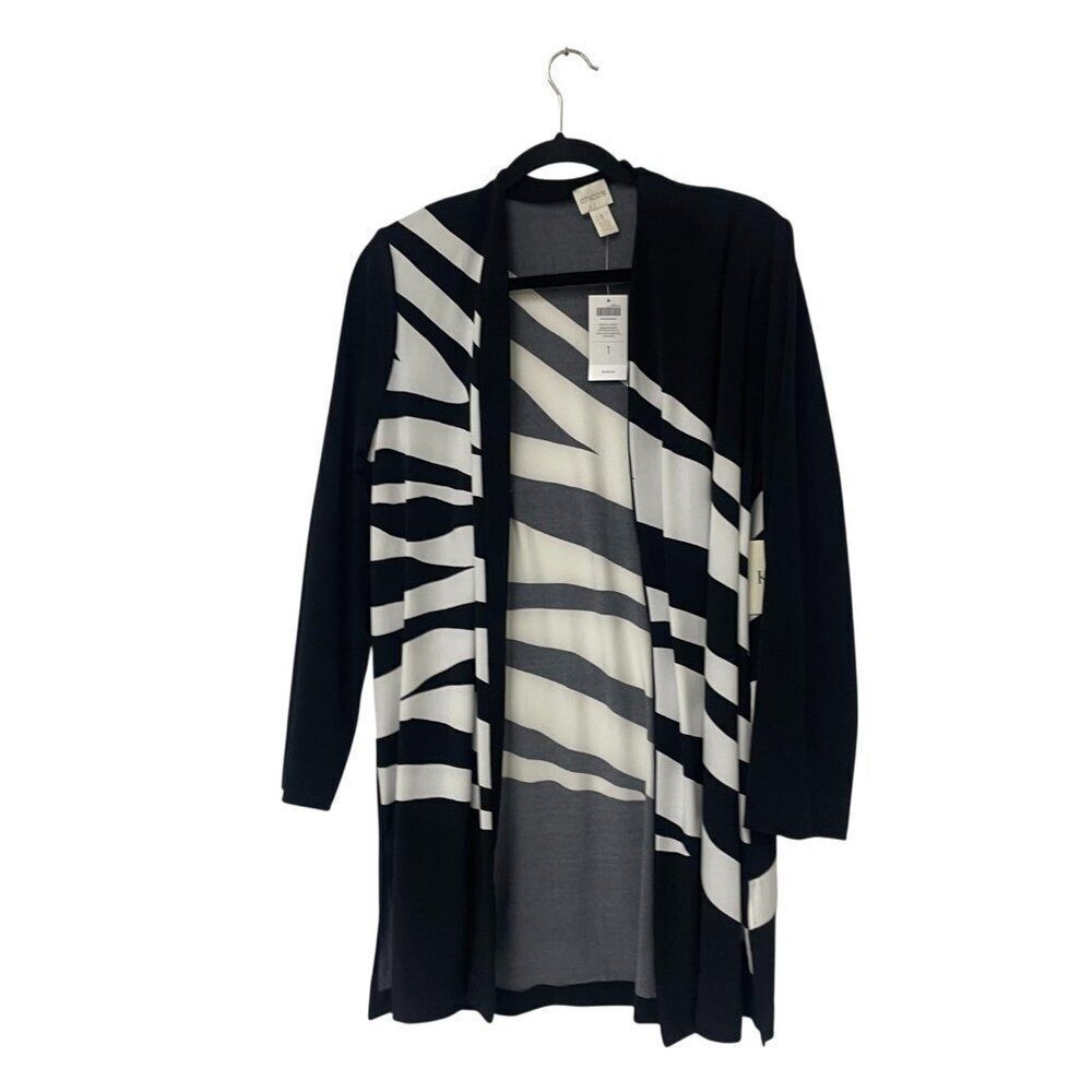 Chico's Womens Cardigan Jacket Sz 1 Small Black White Zebra Print Knit Open NWT
